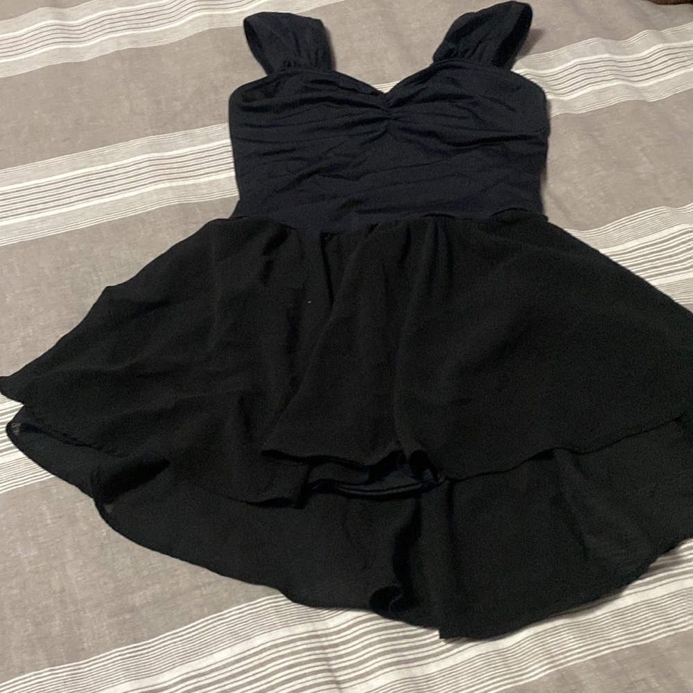 Black dance leotard with high low skirt, girls medium